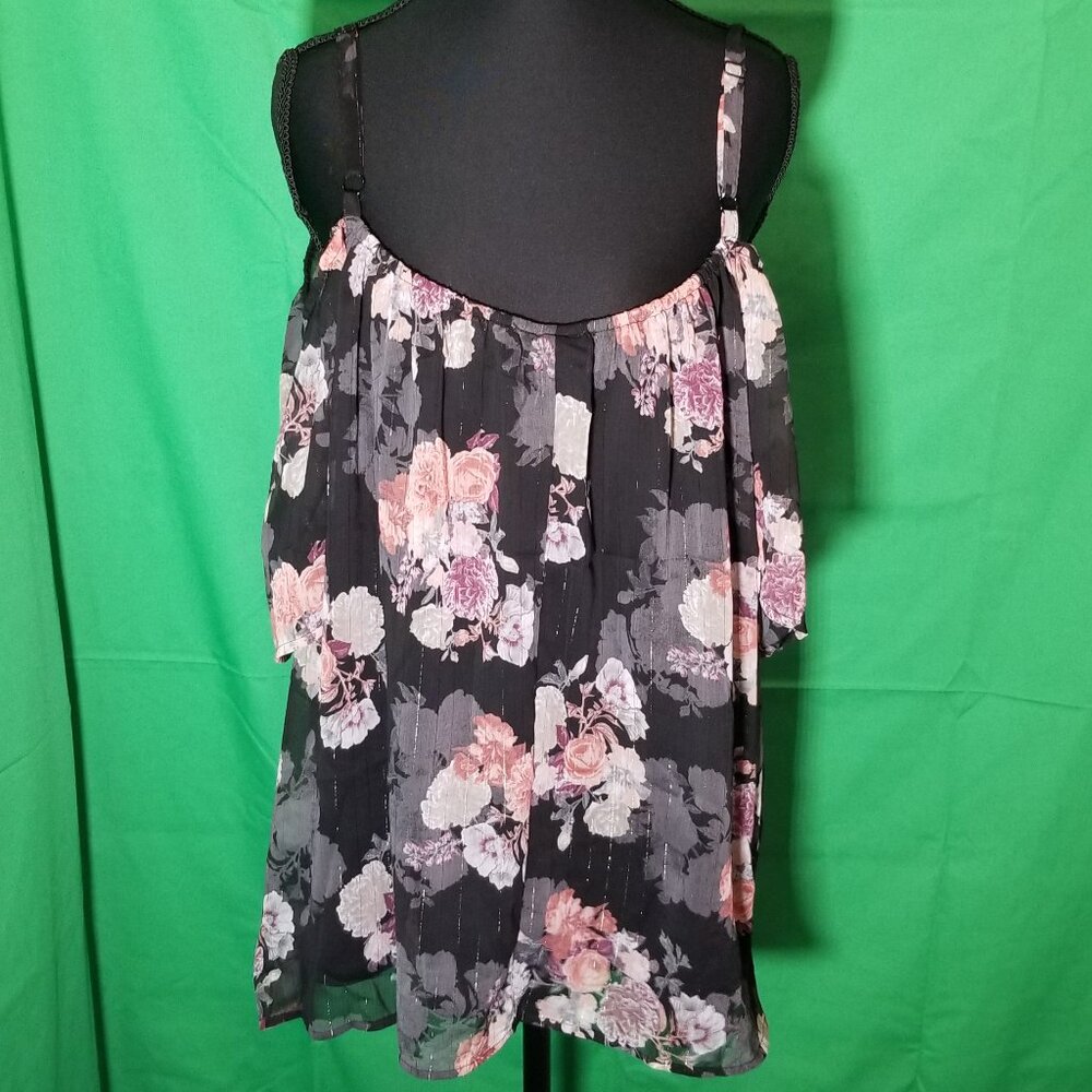 Torrid Size 2‎ Sheer Black Floral Cold Shoulder Flutter Sleeve Top Boho Peasant